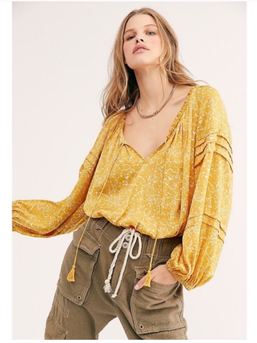 Free People All Tucks Blouse Bodysuit Top Tassel Tie Boho Romantic Cottage Sz L